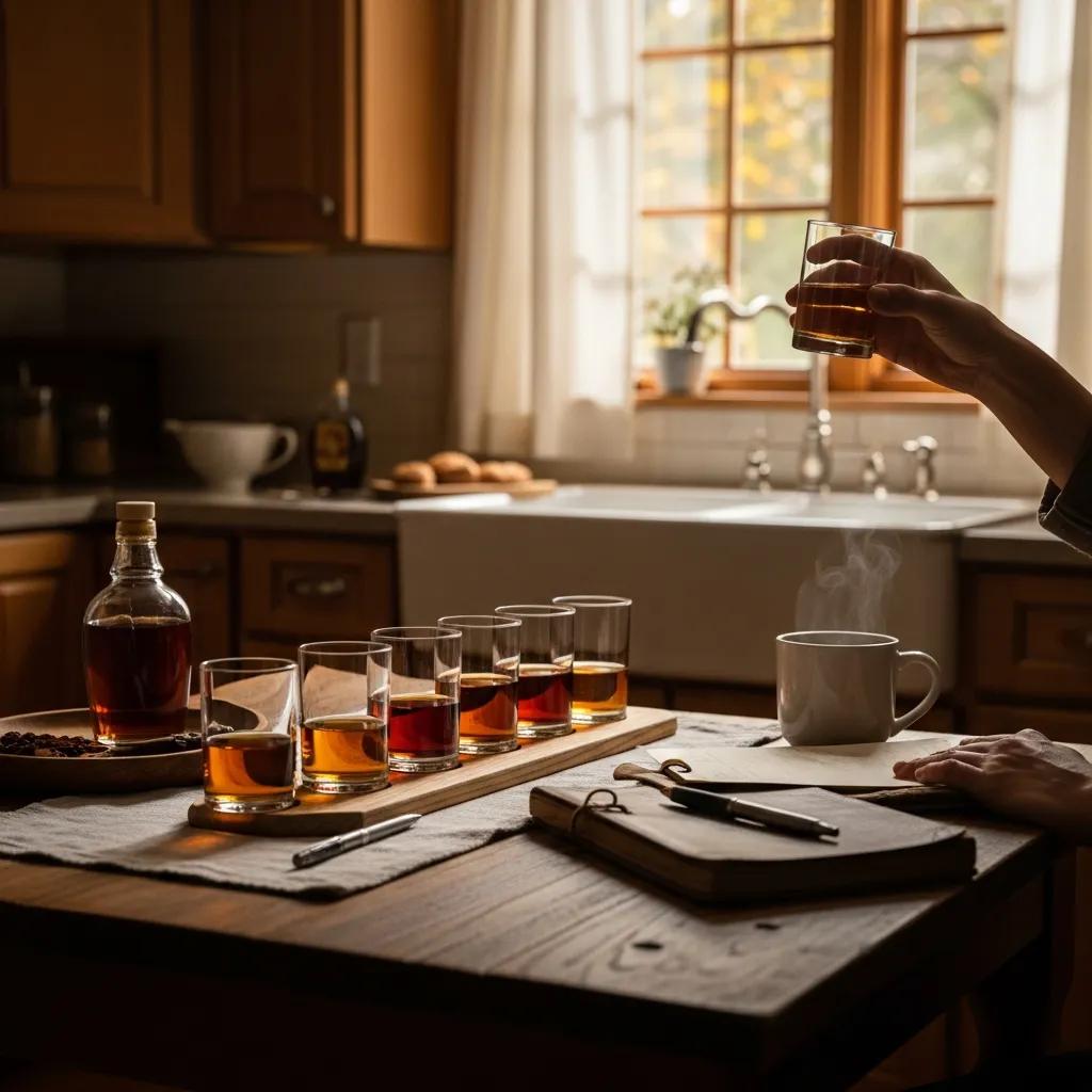 A home tasting setup with clear sample glasses, a notepad, and a person ready to taste maple syrup